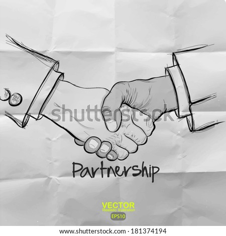 hand drawn handshake sign on crumpled paper background as partnership business concept