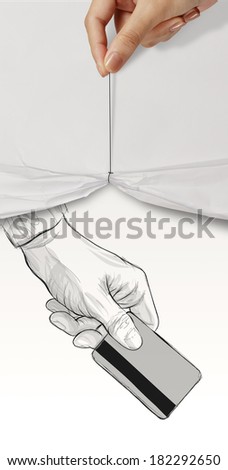 hand drawn hand holding up credit card on crumpled paper background concept