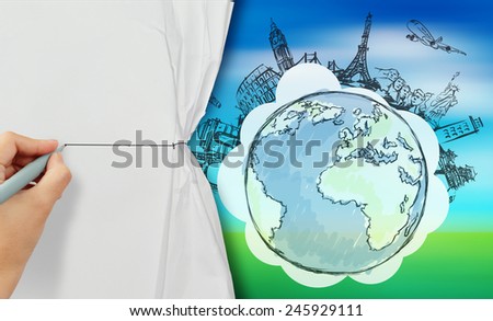 hand drawing rope to open crumpled paper to show travel around the world  against blue and green nature background