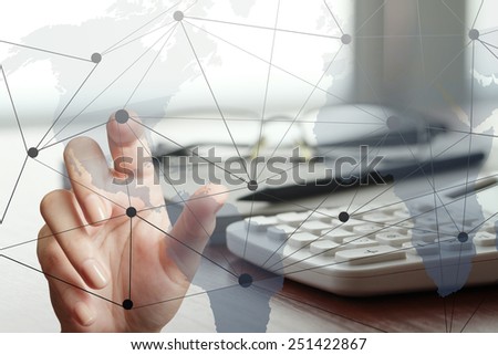 close up of hand working with new modern computer show social network structure as concept