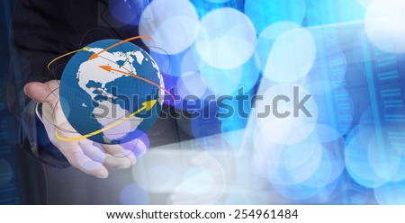 double exposure of businessman showing the world with digital social media network concept