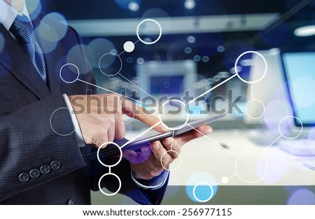 double exposure of businessman working with blank net work diagram as digital cloud concept