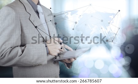 Double exposure of businessman working with new modern computer show social network structure as concept