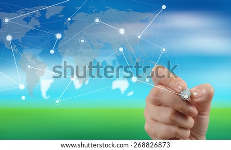 double exposure of businessman hand working with blank net work diagram as digital cloud concept