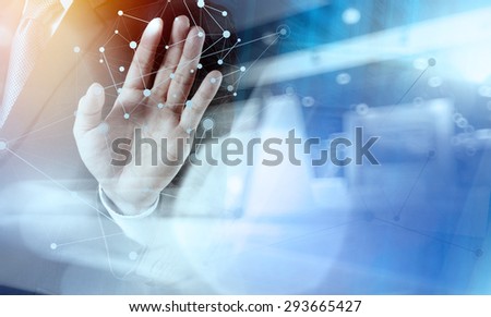 Double exposure of businessman working with new modern computer show social network structure and bokeh exposure