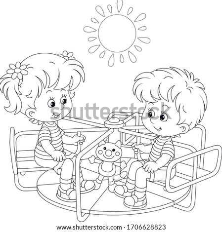 Cheerful small children playing with toys and swinging on a swing on a summer playground in a park, black and white outlined vector cartoon illustration for a coloring book page