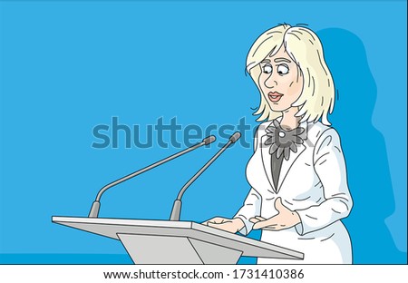 Government official making an official statement at a press conference, vector cartoon illustration