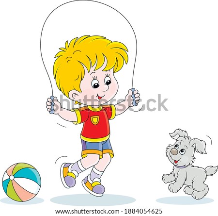 Happy little boy jumping rope with his small cute pup, vector cartoon illustration isolated on a white background