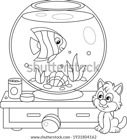 Cute playful kitten watching a funny striped butterfly fish swimming in a home round home aquarium with a sea shell and seaweeds, black and white outline vector cartoon illustration