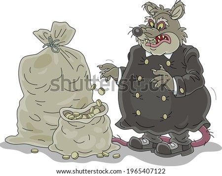 Spiteful and greedy of gain fat old rat tax collector with a shabby tail and big bags of coins for royal taxes, vector cartoon illustration on a white background