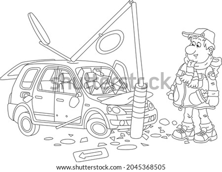 Funny sad man with his new car crashed into a lamppost on a road, black and white outline vector cartoon illustration for a coloring book page Imagine de stoc © 