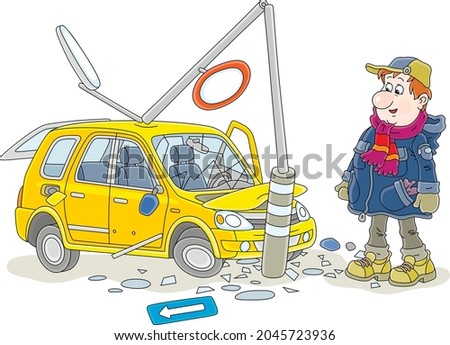 Funny sad man with his yellow car crashed into a lamppost on a road, vector cartoon illustration isolated on a white background Imagine de stoc © 