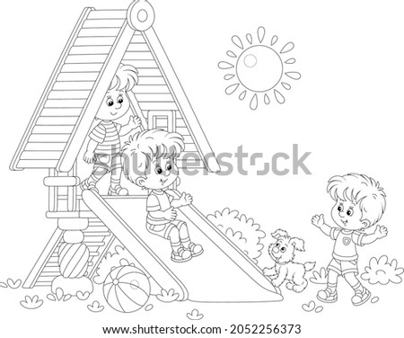 Happy little kids playing on a colorful toy slide on a playground in a summer park on a sunny day, black and white outline vector cartoon illustration for a coloring book page