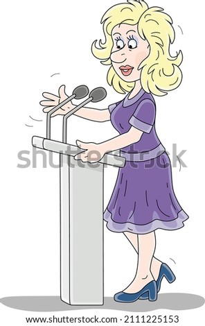Government official making an official statement at a press conference, vector cartoon illustration isolated on a white background