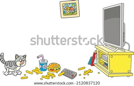 Funny fat cat in good mood walking through a room with a TV set and snacks scattered all over after watching a merry television show, vector cartoon illustration isolated on a white background