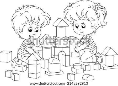 Happy little children playing with bricks and building a toy castle in a playroom, black and white outline vector cartoon illustration for a coloring book page