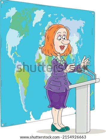 Government official standing with microphones against a world map and making a statement at a press conference, vector cartoon illustration isolated on a white background