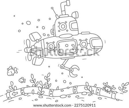 Midget submarine boat equipped with a periscope and a robotic manipulator inspecting an underwater pipeline on the bottom of a sea, black and white vector cartoon illustration