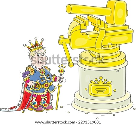 Angry king at a majestic golden monument to a vise and a hammer as symbols of royal power in his fairytale kingdom, vector cartoon illustration isolated on a white background