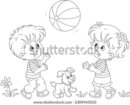 Happy little girl and boy with their merry pup playing a big striped ball on a warm summer day in a park, black and white vector cartoon illustration for a coloring book