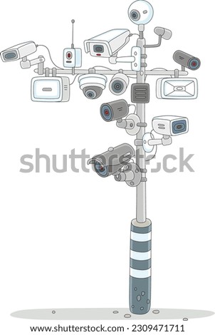 Many surveillance cameras on a road post for covert control, recording violations and shadowing, vector cartoon illustration isolated on a white background