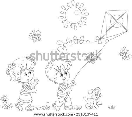 Happy little girl and boy with their merry pup playing with a flying colorful kite on a sunny summer day in a park, black and white vector cartoon illustration for a coloring book