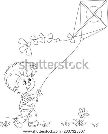 Happy little boy playing with a flying toy kite in a summer park on vacation, black and white outline vector cartoon for a coloring book