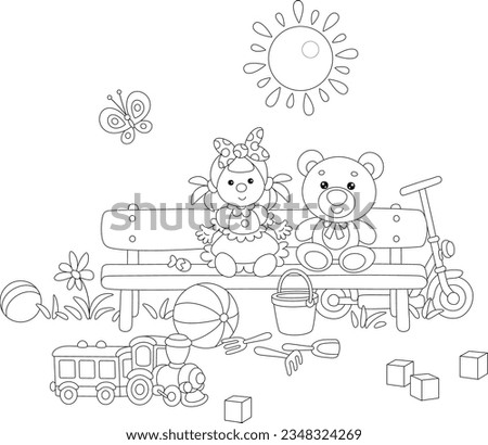 Funny toys of little kids around a small bench on a playground in a summer park on a warm sunny day, black and white outline vector cartoon illustration for a coloring book