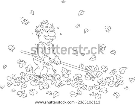 Funny elderly villager raking and removing fallen leaves with a rake and cleaning his autumn garden plot out of town, black and white outline vector cartoon illustration for a coloring book