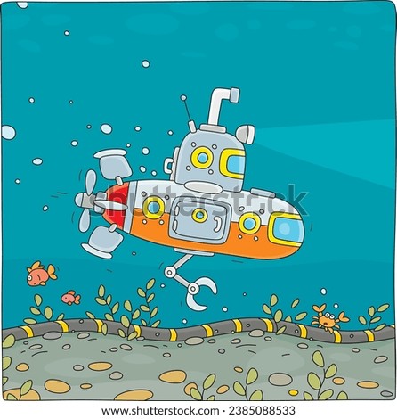 Midget submarine boat equipped with a robotic manipulator and shears going to cut a cable or an pipeline on the bottom of a sea, vector cartoon illustration