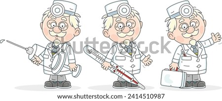 Good old doctor in a white hospital gown with a syringe, a thermometer and a first aid medical case, set of vector cartoon illustrations isolated on a white background