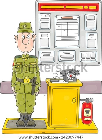 Funny young orderly soldier standing on sentry duty at army company location, vector cartoon illustration on a white background