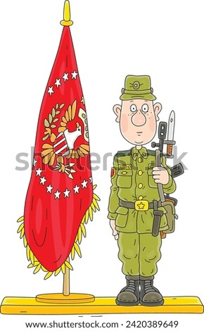Funny young orderly soldier standing on sentry duty near a military unit flag at a headquarters of an army regiment, vector cartoon illustration on a white background