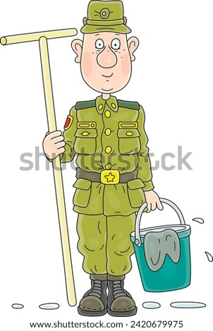 Funny young orderly soldier on sentry duty with a mop, a bucket and a floorcloth for cleaning a barrack at army company location, vector cartoon illustration on a white background