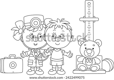 Cute little girl holding a medical stethoscope and playing doctor with a funny boy among toys in a playroom of a nursery school, black and white outline vector cartoon illustration for a coloring book