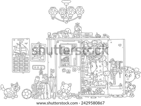Funny little boy and girl playing hide and seek with their cat in a large closet full of different clothes, shoes, many other things and toys in a home hallway, black and white vector cartoon