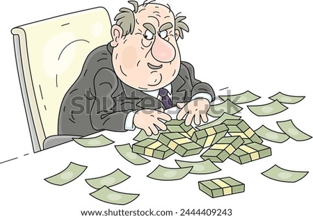 Joyful fat corrupt official sitting at his office desk and counting money received in a bribe, vector cartoon illustration on a white background
