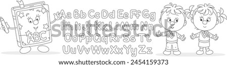 Funny cartoony ABC book with letters of alphabet and happy little schoolchildren at English lesson in elementary school, black and white outline vector illustration for a coloring book