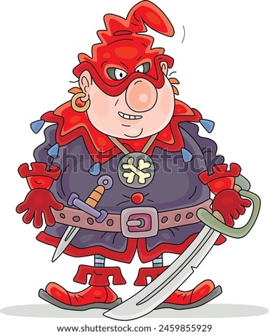 Angry cruel ogre with a sharp sabre and dagger on his belt wandering around in search of belated travelers, vector cartoon illustration on white