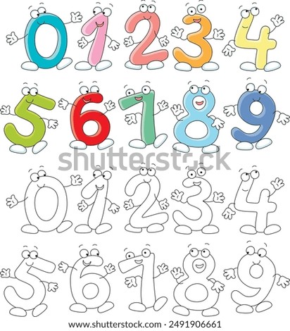 Funny cartoonish numbers merrily dancing, jumping and swirling at a fun party, a set of color and black-and-white vector cartoon illustrations for a coloring book