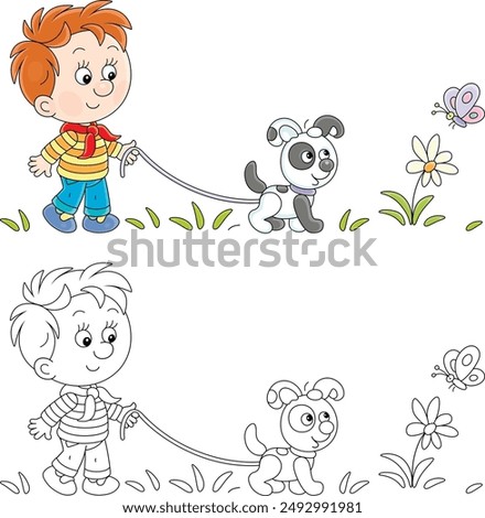 Little boy walking with a funny small puppy and watching a merry butterfly fluttering over a flower in a park, color and black and white outline vector cartoon illustrations