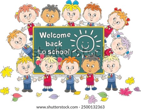 Welcome back to school card with funny little schoolboys and schoolgirls around a class blackboard on the first of September, vector cartoon illustration on white