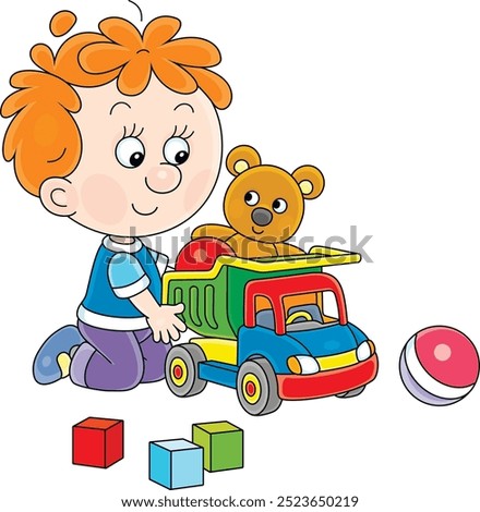 Funny little boy playing with a toy truck, a teddy bear and baby cubes, vector cartoon illustration on a white background