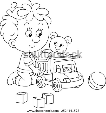 Funny little boy playing with a toy truck, a teddy bear and baby cubes, black and white outline vector cartoon illustration for a coloring book