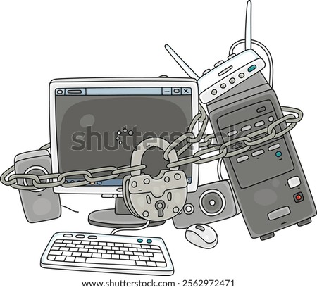 Old rusty padlock with a chain on a desktop computer and Internet router with blocked connection, vector cartoon illustration isolated on a white background