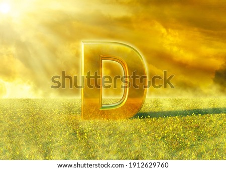 Vitamin D illuminated by the rays of the sun on grass. Sunlight is an excellent source of this nutrient that strengthens the immune system. 3D rendering Foto stock © 