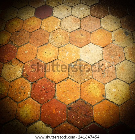 Old terracotta tile floor. Honeycomb pattern. Vignette.