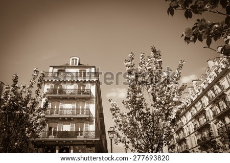 Spring in Paris. Typical Parisian buildings (Marais quarter) and blossoming trees. Aged photo. Sepia. Vignette.