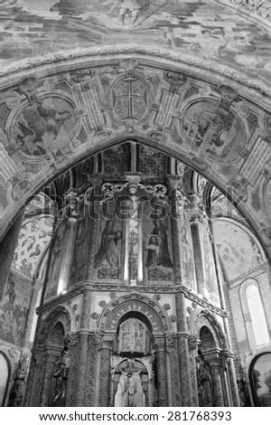 TOMAR, PORTUGAL - APRIL 28, 2015: Romanesque round church (built by the Knights Templar) in Convent of the Order of Christ. This Portuguese important monument is UNESCO World Heritage Site since 1983.