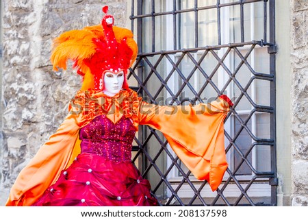 SCHWAEBISCH-HALL, GERMANY - February 23, 2014 - Woman, dressed up in a Venetian style costume with a peacock-hat attends the Hallia Venetia Carnival festival on February 23, 2014 in Schwaebisch-Hall.